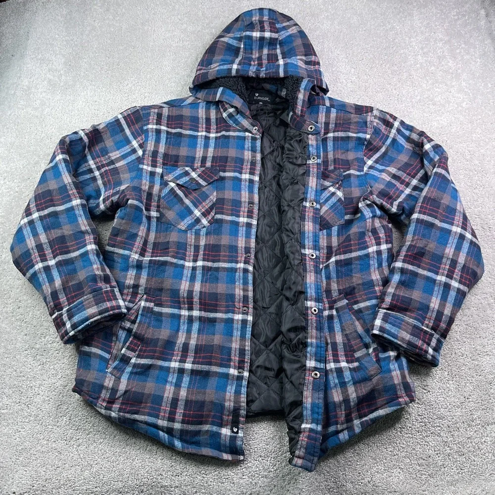 Burnside Shirt Jacket Mens 2XL Blue Plaid Quilted Lined Hooded Flannel Shacket